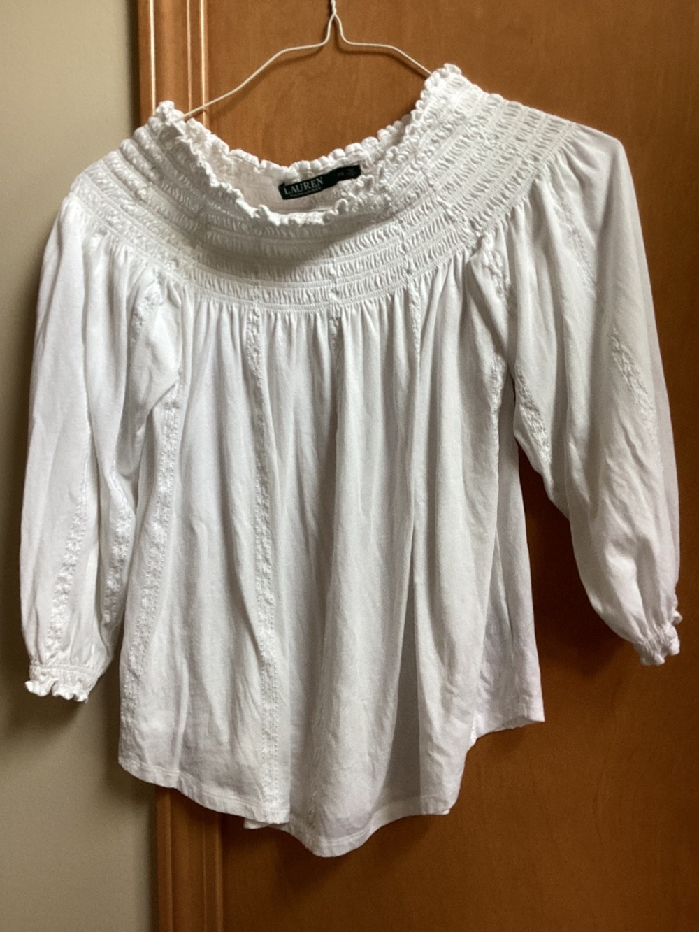 Lauren white XS Smocked Neck Top w/ gathered Sleeves